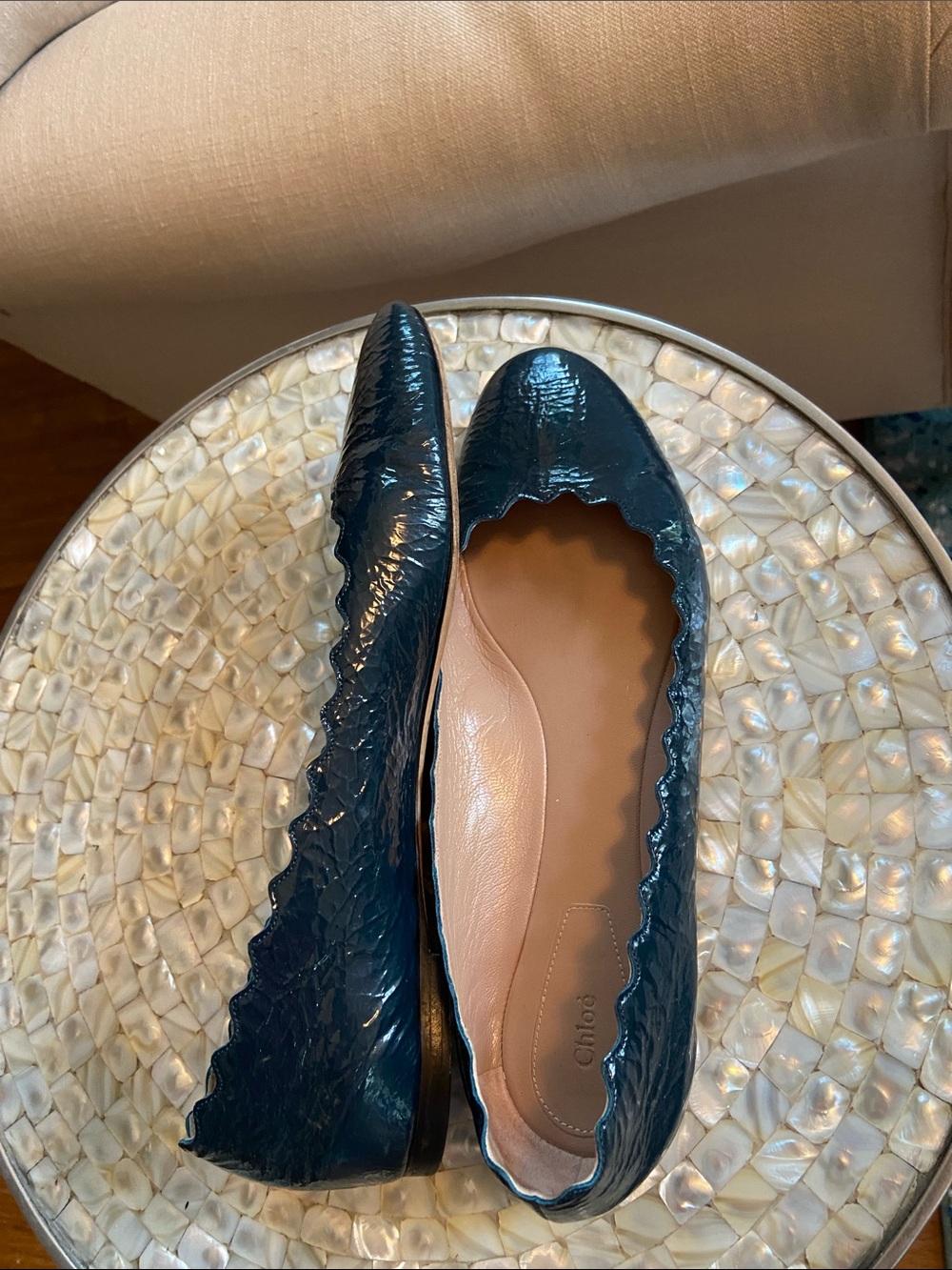 Chloe Dark Teal Patent Scalloped Ballet Flats 41 EU